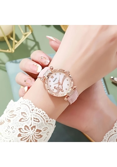 Kadın Yuvarlak Kuvars Saat Ve Bileklik+kolye+küpe+yüzük Takı Seti Pudra