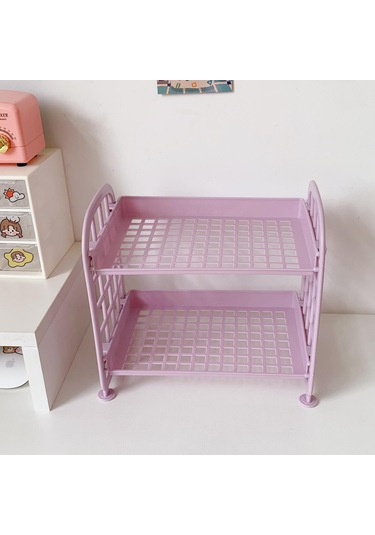 Mor Kawaii Çift Katmanlı Depolama Rafı Masaüstü Katlanır Makyaj Kutusu Raf Raf Kozmetik Depolama Bitirme Yurdu Banyo Mor