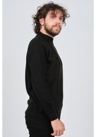 Çizgi Triko Erkek Yarım Balıkçı Çizgi Desenli Kazak 42564234 Siya Siyah