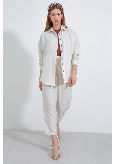 Bigdart Kadın Ekru Oversize Keten Alt Üst Takım 6622 001