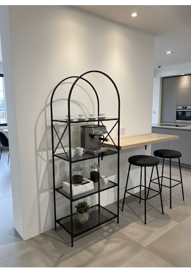Noble Metal Kitaplık Dekoratif Kemerli 4 Raflı Salon Ve Ofis Rafı 70x180 Cm Siyah