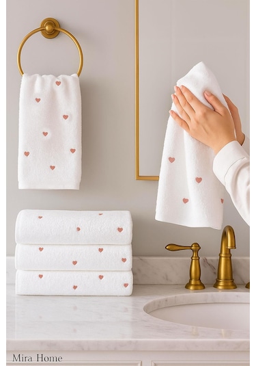 4 Lü Kalp Nakış İşlemeli El Yüz Havlu Seti %100 Pamuklu 50x90 Cm Hand Of Love Gülkurusu