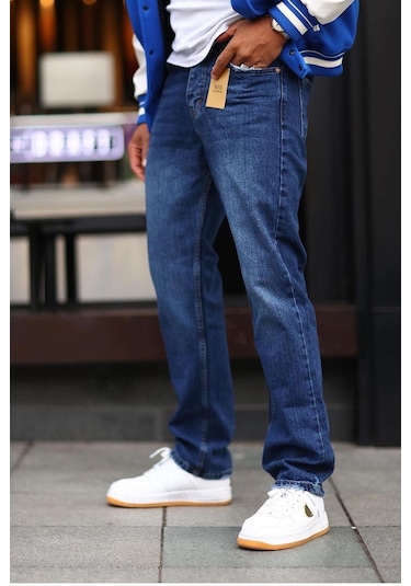 Lacivert Taşlamalı Bol Kalıp Kot Pantolon-Erkek Lacivert