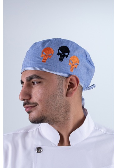 Chef Bone Kep Aşçı Şef Şapkası Kuru Kafa Desenli Mavi Çok Renkli