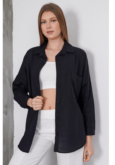 Paw Garage Kadın London Keten Tek Cepli Oversize Gömlek, Premium Kalite Keten Gömlek Siyah