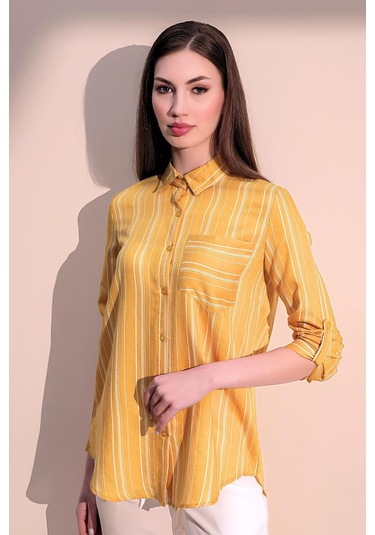 Kadın Sarı Uzun Kol Özel Kumaş Tek Cep Gömlek Dik Çizgili Arkası Uzun Basic Kesim Gömlek Sarı