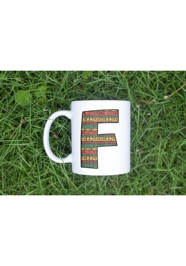 F Harfi Etnik Desenli Kupa - Afrika Tarzı Kahve Çay Kupası - Hediyelik - Black History Beyaz