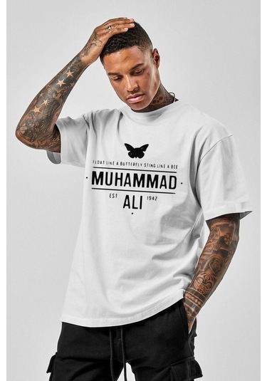 Erkek Beyaz Oversize Muhammad Alı Baskılı T-shirt Beyaz-66472