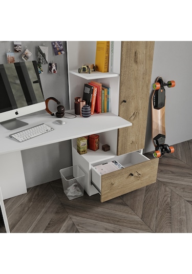 Merlin Mobilya Minör Çalışma Masası Ve 7 Bölmeli Kitaplık Meşe Beyaz - Meşe