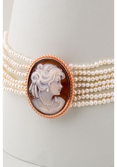 Cameo İtaliano İnci Küpeli Kız 18 Ayar Sarı Altın Kaplama Gümüş Choker Kolye Rose Gold