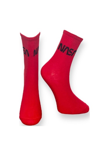 Me-vo Tekli Kırmızı Renkli Bay/bayan Unisex Esnek Nem Alabilen Pamuklu Nasa Desenli Soket Çorap Kırmızı