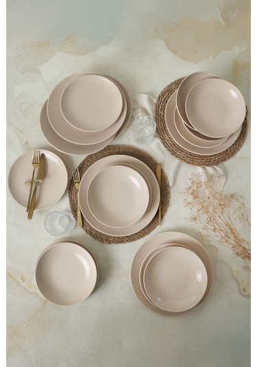 Kumlu Krem Rölyefli Yemek Takımı 18 Parça 6 Kişilik Q32 Krem