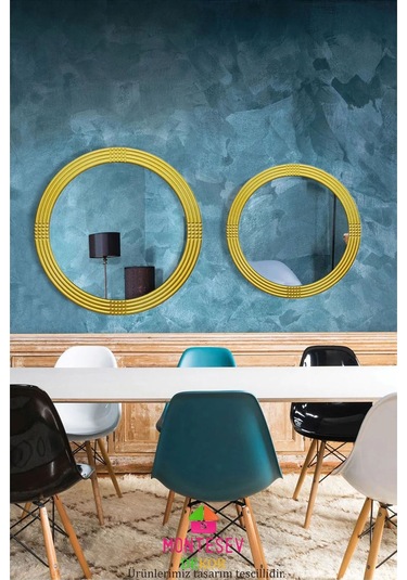 Safir Gold Dekoratif Ahşap İşlemeli Duvar Aynası İkili 56-43 Cm Altın