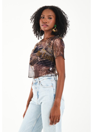 By Papi Baskılı Tül Crop Yeşil