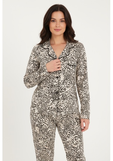 Luxury Viscose Siyah Beyaz Leopar Desenli Kadın Uzun Kollu Pijama Takımı 42570 LEOPAR