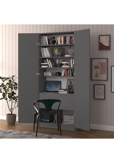 Antrasit Modern Dolaplı Kitaplıklı Raflı Çalışma Masası Antrasit