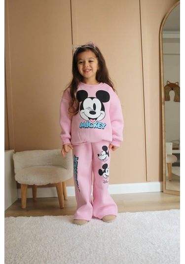 Kız Çocuk Pudra Pembe Renk Pamuklu 3 İplik Şardonlu Mickey Baskılı Alt Üst Takım Pembe