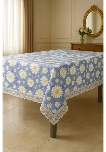 Açık Mavi Papatyalı Masa Örtüsü Su Geçirmez, Silinebilir Şık Dikdörtgen Model Mavi