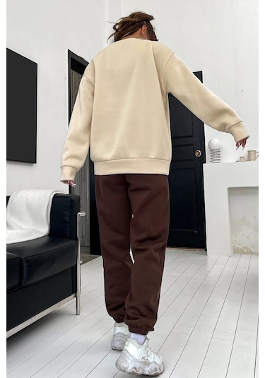 Modagen Kadın Kahverengi Bej Brooklyn Baskı Oversize Bisiklet Yaka Alt Üst Eşofman Takımı Kahverengibej