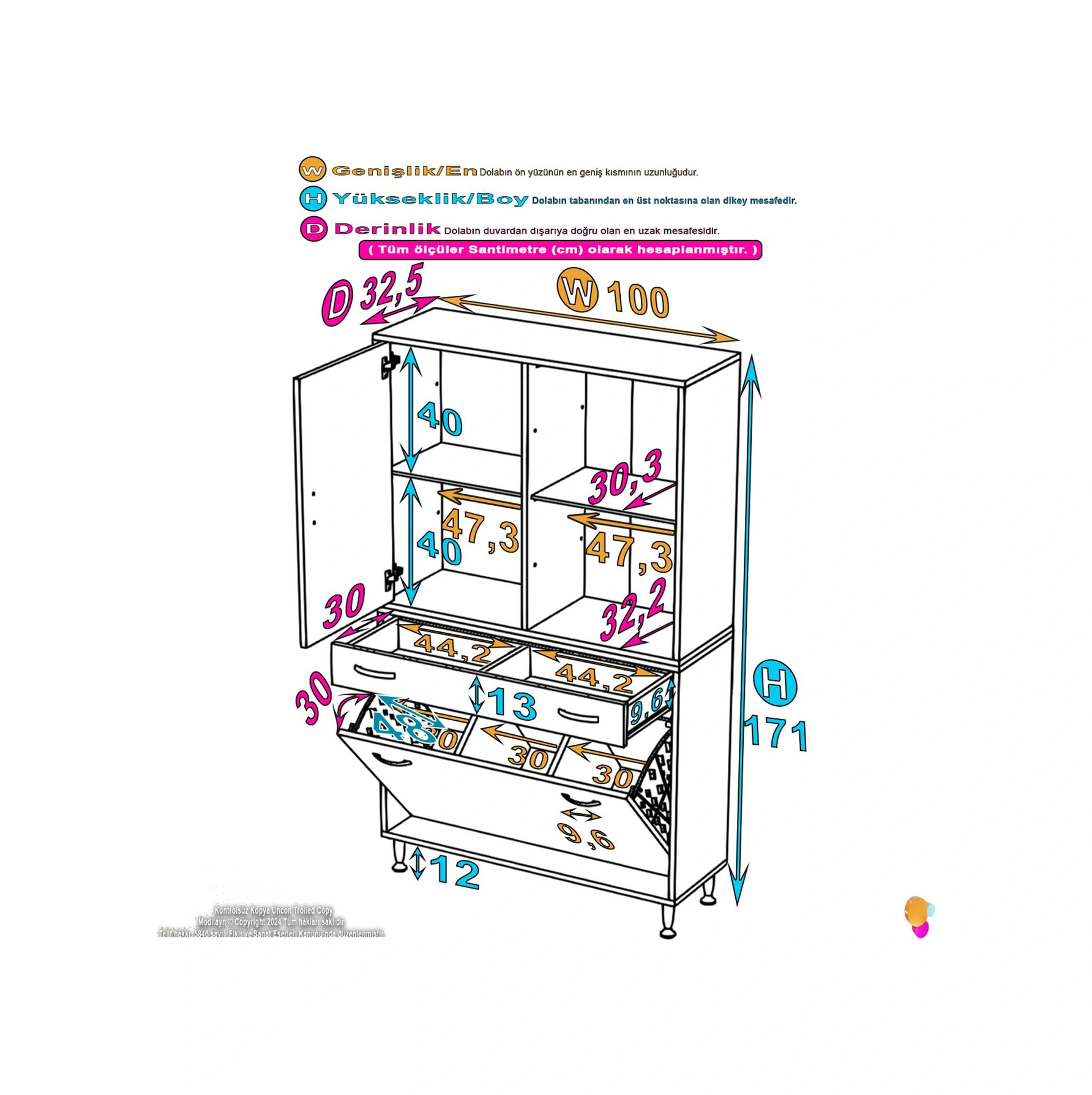 Kayra Tek Çekmece, 3 Göz Sepet, 1 Kapak, 4 Raf Dar Alan Banyo Dolabı 100x173x32,5 Cm Beyaz
