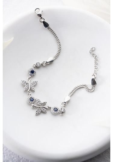 Nereze 925 Ayar Gümüş Çift Kelebek Mavi Taş Detaylı Bileklik