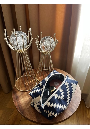 Etnik Zikzak Desenli Duck Kumaş Makyaj Çantası Navajo Tarzı Su Geçirmez Astarlı Seyahat Çantası Mavi