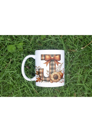 J Harfi Ekose Ve Sonbahar Temalı Kupa Bardak - Kişiye Özel Sıcak Tonlar Alfabe Kupa - Hediye Beyaz