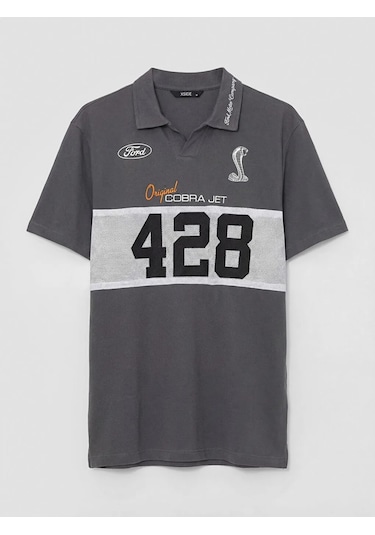 Lc Waikiki Gri Oversize Polo Yaka Ford Baskılı Erkek Tişört