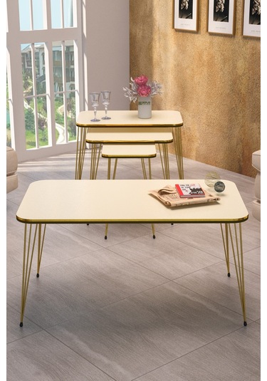 Zigon Sehpa Kr Ve Orta Sehpa Kr Set Çift Gold Krem Tel