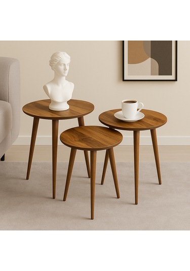 Madrid 3'lü Zigon Sehpa %100 Mdf Yuvarlak Ahşap/urartu