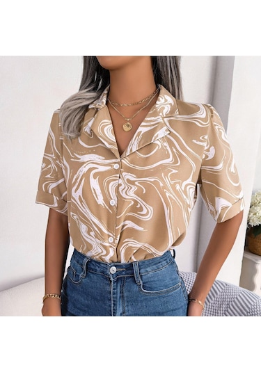 Gmxıa Kadın Modası Rahat Kısa Kollu Takım Yaka Bluzlar Ve Gömlekler Renk Kontrastı Bol Gömlek Haki