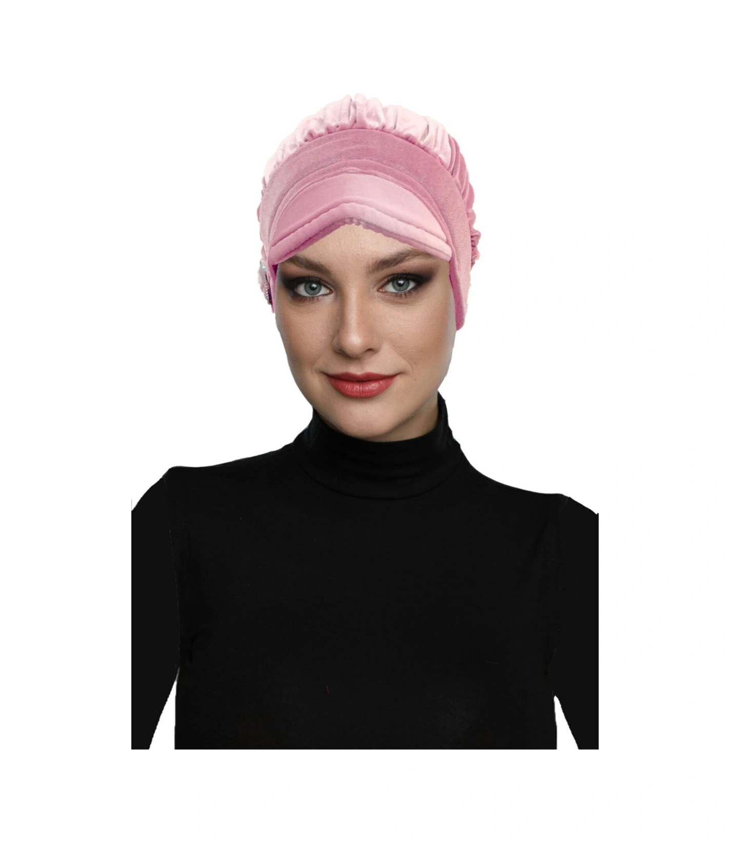 Kadife Şapka Toka Detaylı Pudra Hazır Türban Tesettür Bone Pudra