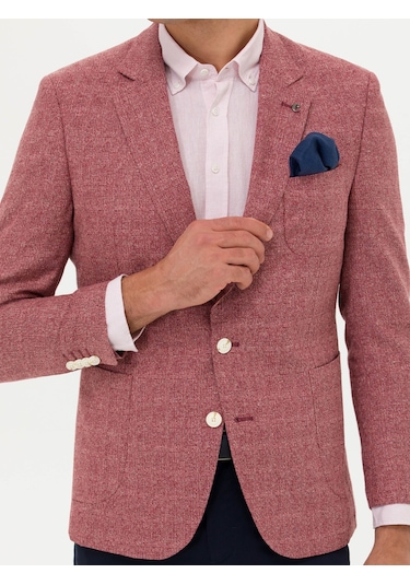 Cacharel Bordo Slim Fit Yün Keten Karışımlı Ceket Kırmızı