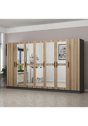 Minar Kale 7 Kapaklı 5 Aynalı 4 Çekmeceli Dolap Antrasit Dore 210cm