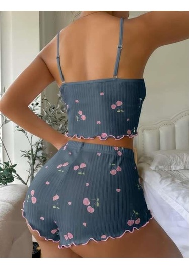 Mavi Kiraz Desenli Askılı Şortlu Pijama Takımı Mavi