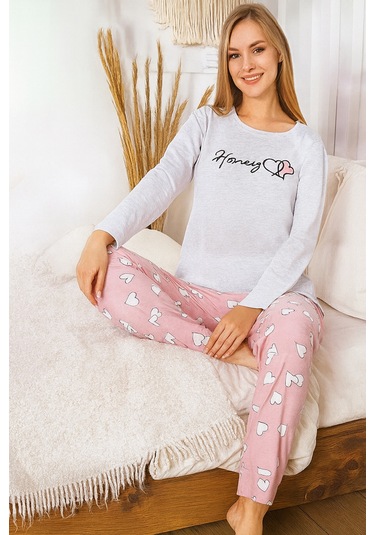 Kadın Kalp Desen Suprem Pijama Takımı 0455 Gri02 Gri02