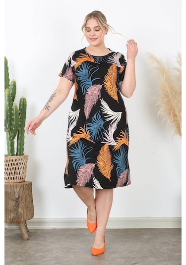 Kadın Turuncu Mavi Tüy Desen Midi Elbise Turuncu