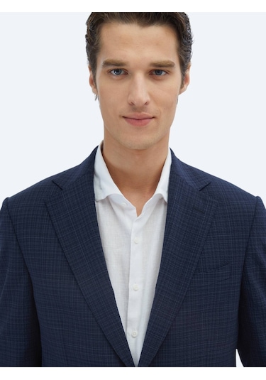 Lacivert Kareli Modern Fit Yün Karışımlı Takım Elbise Lacivert