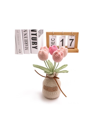 Dianziye El Örgü Gerçekçi Bitki: 5 Başlı Degrade Pembe Lale Saksı Bitkisi İplik Vazo Tabanı