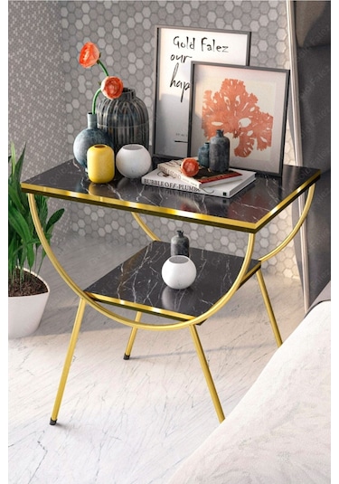 Yan Sehpa Komodin Metal Ayak Çift Gold Bendir 1976 Siyah Mermer Desen