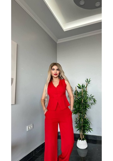 Kadın Yelek Pantolon Takım Kadın Şık Yelekli Takım - Dar Kalıptır Kırmızı Kırmızı