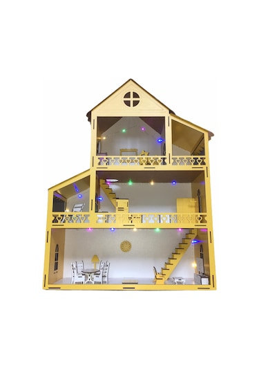 Ahşap Oyun Evi 80Cm 21 Eşya Sarı Led Işıklı