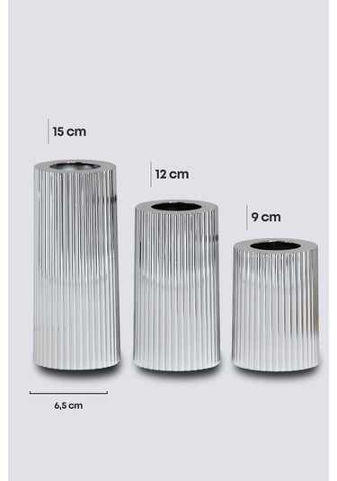 3 Lü Silver Gümüş Krom Tırtıklı Yüzey Mumluk Dekoratif Tealight