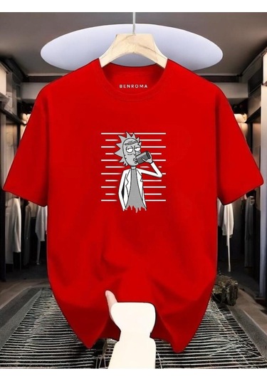 Adam Baskılı Oversize Siyah T-shirt Kirmizi