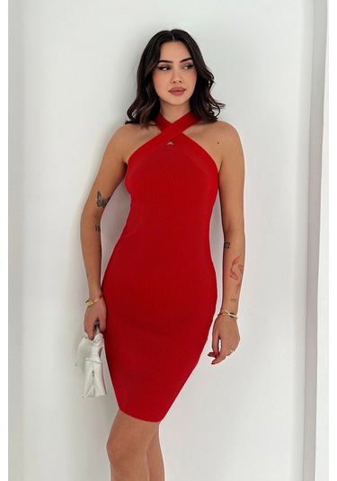 Asprin Fashion Çapraz Yaka Triko Elbise Kırmızı Kırmızı