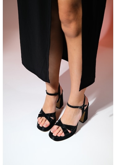 Luvishoes Lello Siyah Çizgili Kadın Platform Topuklu Ayakkabı Siyah