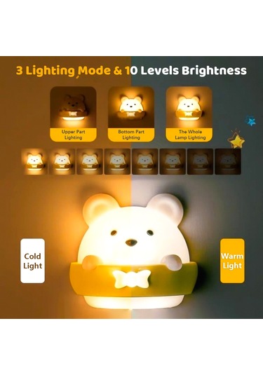 Reedark Küçük Ayı Desenli Led Gece Lambası - İki Renk Işık Sıcak/soğuk - 10 Seviye Parlaklık - Uzaktan Kumanda - Usb Şarjlı 1600mah Pil Sari