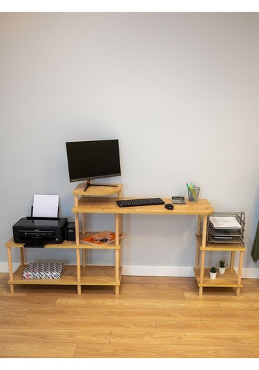 Çalışma Masası 5 Raflı Ahşap Ayaklı Dekoratif Modern Bilgisayar Ofis Masası - Safir Meşe-köşe Çalışma Masası 5 Raflı Ahşap Ayaklı Dekoratif Modern Bilgisayar Ofis Masası - Safir Meşe-köşe