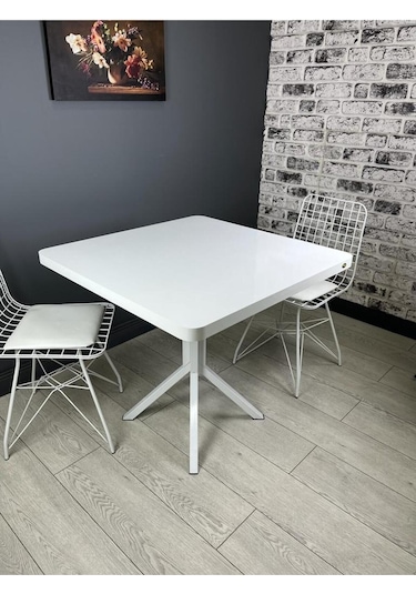 Roma Beyaz Mutfak Yemek Masası Balkon Masası Kavisli Köşe Metal Beyaz Ayak 80 Cm