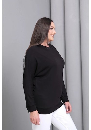 Sırtı Kanat Taş Baskılı Sweatshirt Siyah